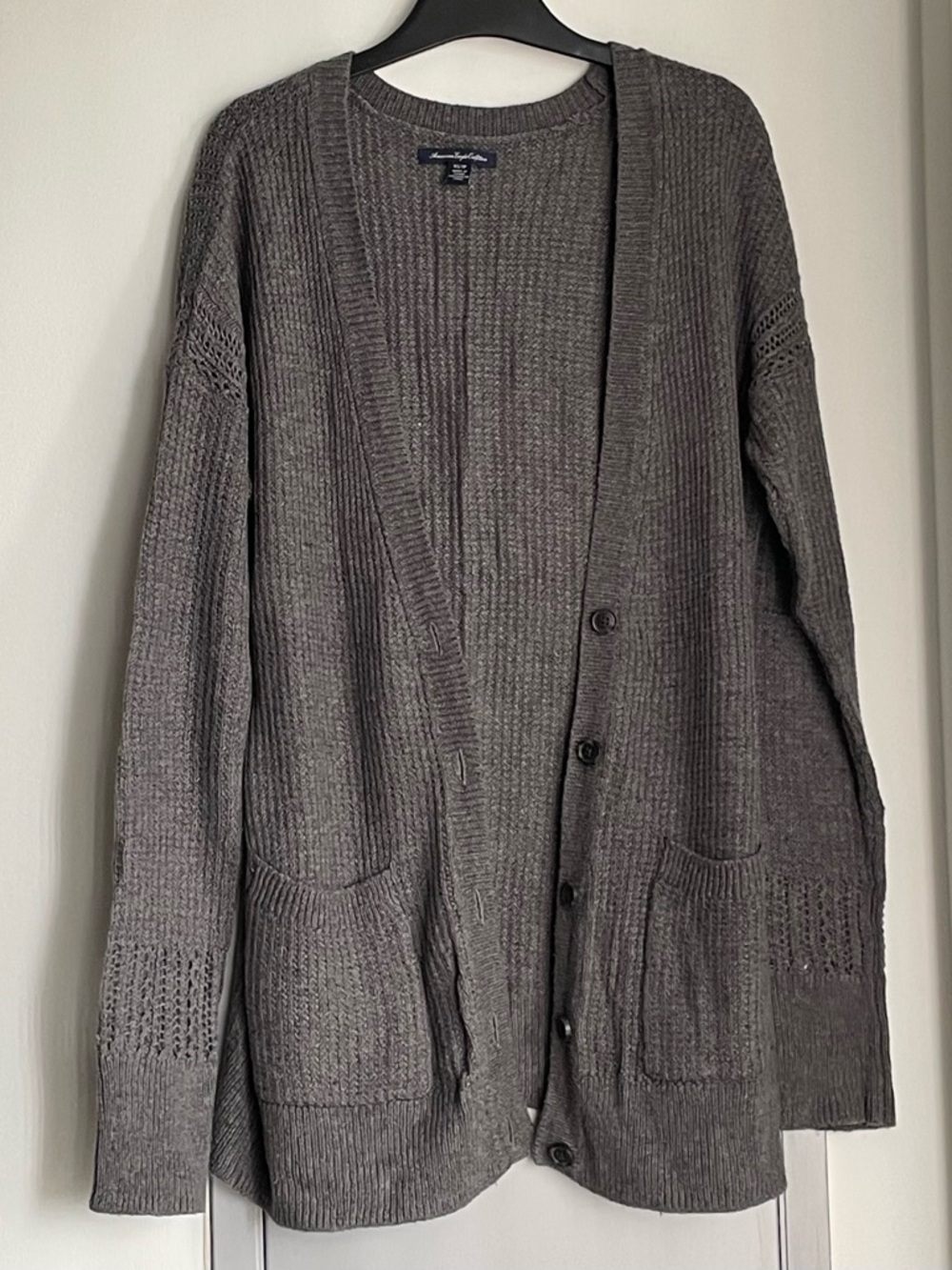 American Eagle Outfitters Cotton & Wool Blend Grey Ribbed Button-Up Cardigan